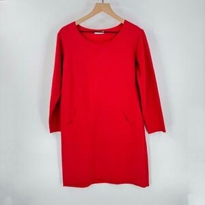 Makadamia Red Long Sleeve Crew Neck Shift Dress With Front Pocket Size 40